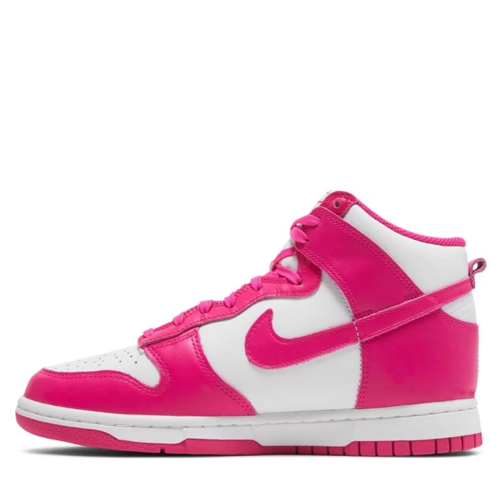 women pink and white high top nike dunks